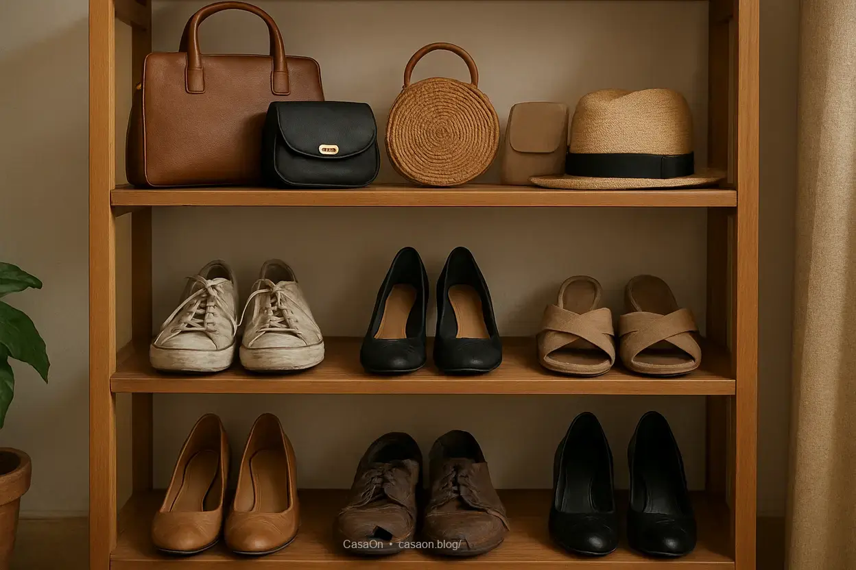 Acessórios e sapatos organizados acessórios e sapatos organizados mostrando itens que ocupam espaço no guarda-roupa