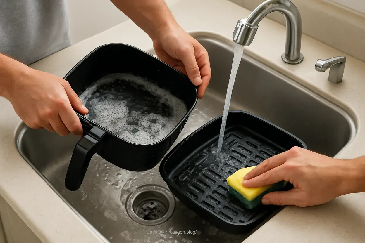 Lavando o cesto da air fryer Limpar air fryer: lavando o cesto.