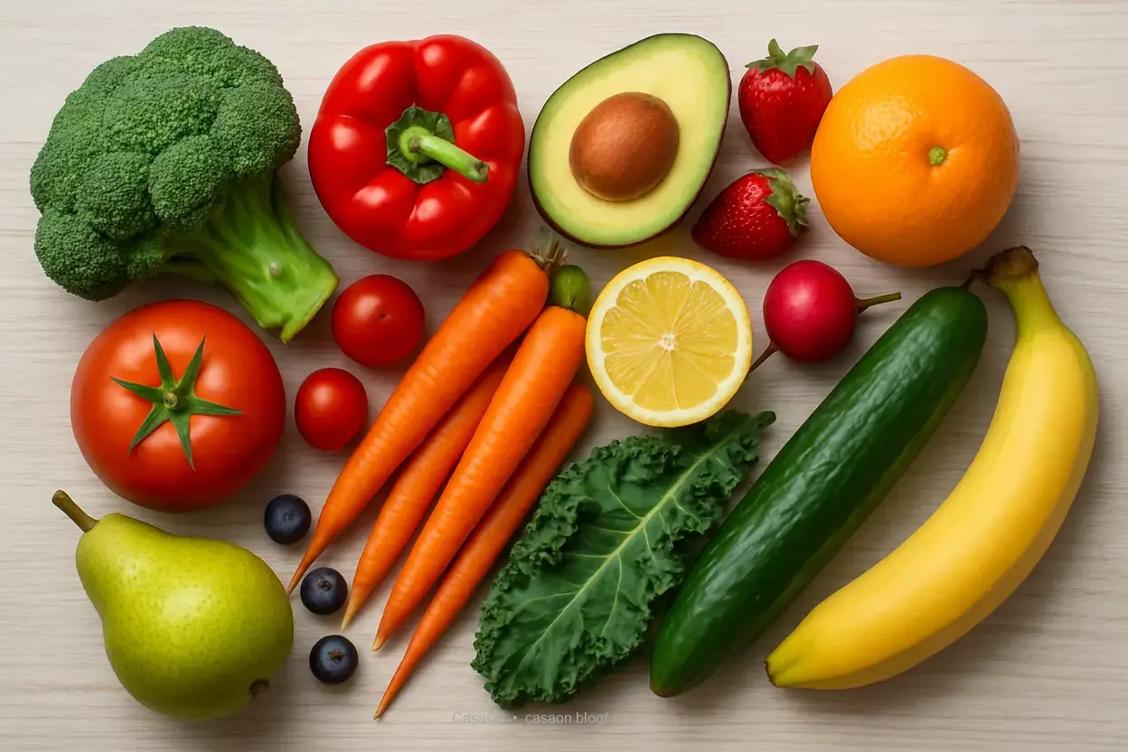 Frutas e legumes frescos para skincare dinner.