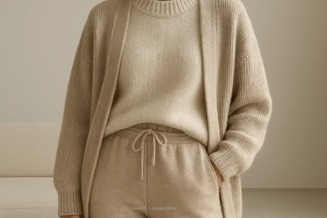 Detalhes de roupas comfy chic com texturas e cores neutras.