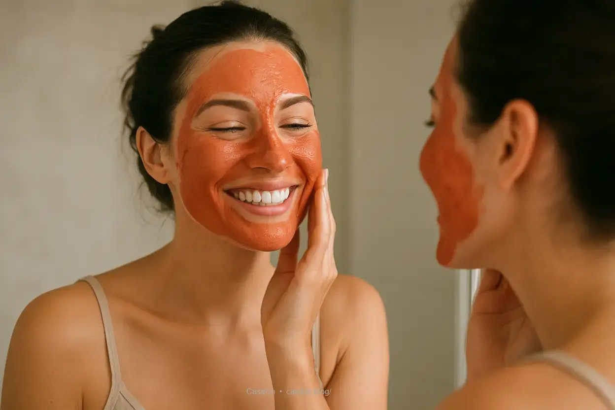 Cuidados com a Argila Vermelha Mulher com pele radiante após usar máscara de argila vermelha.