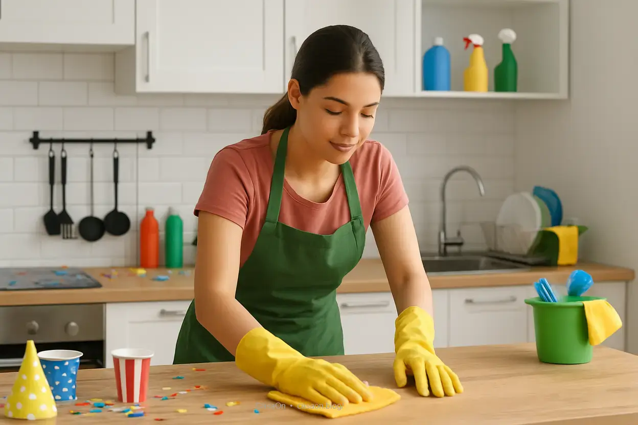 organizar casa festa com pessoa limpando a cozinha
