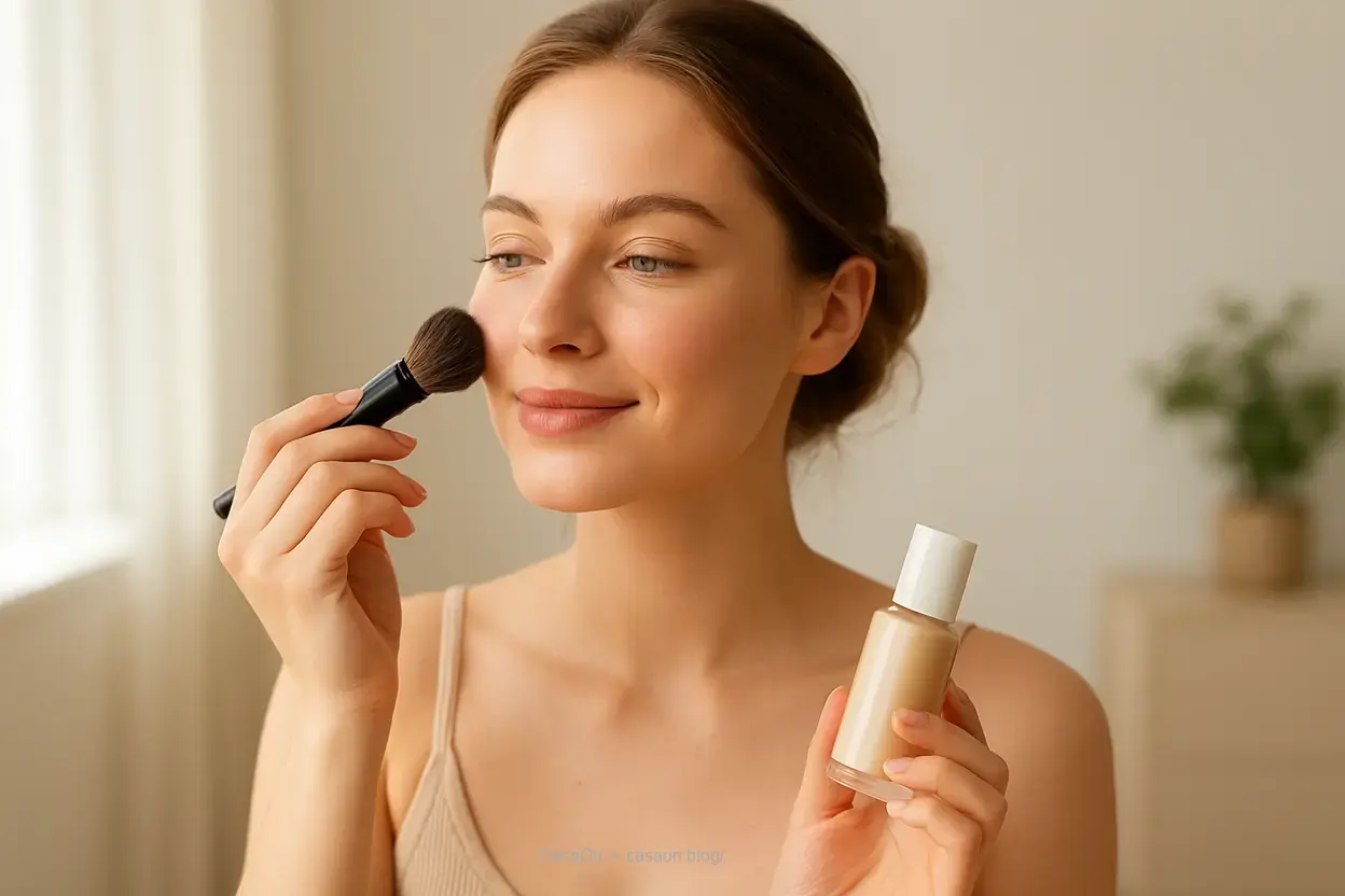 Mulher se maquiando com produtos minimalistas para look comfy chic.