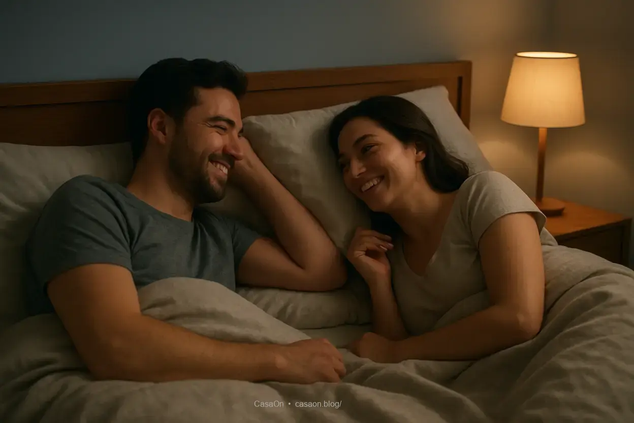 Casal mostrando carinho antes de dormir em camas separadas.