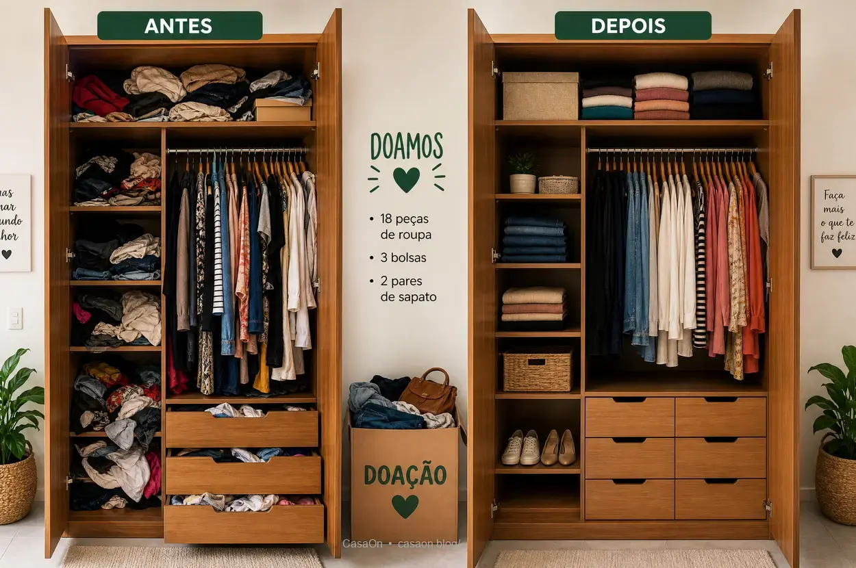 Armário organizado com itens doados.