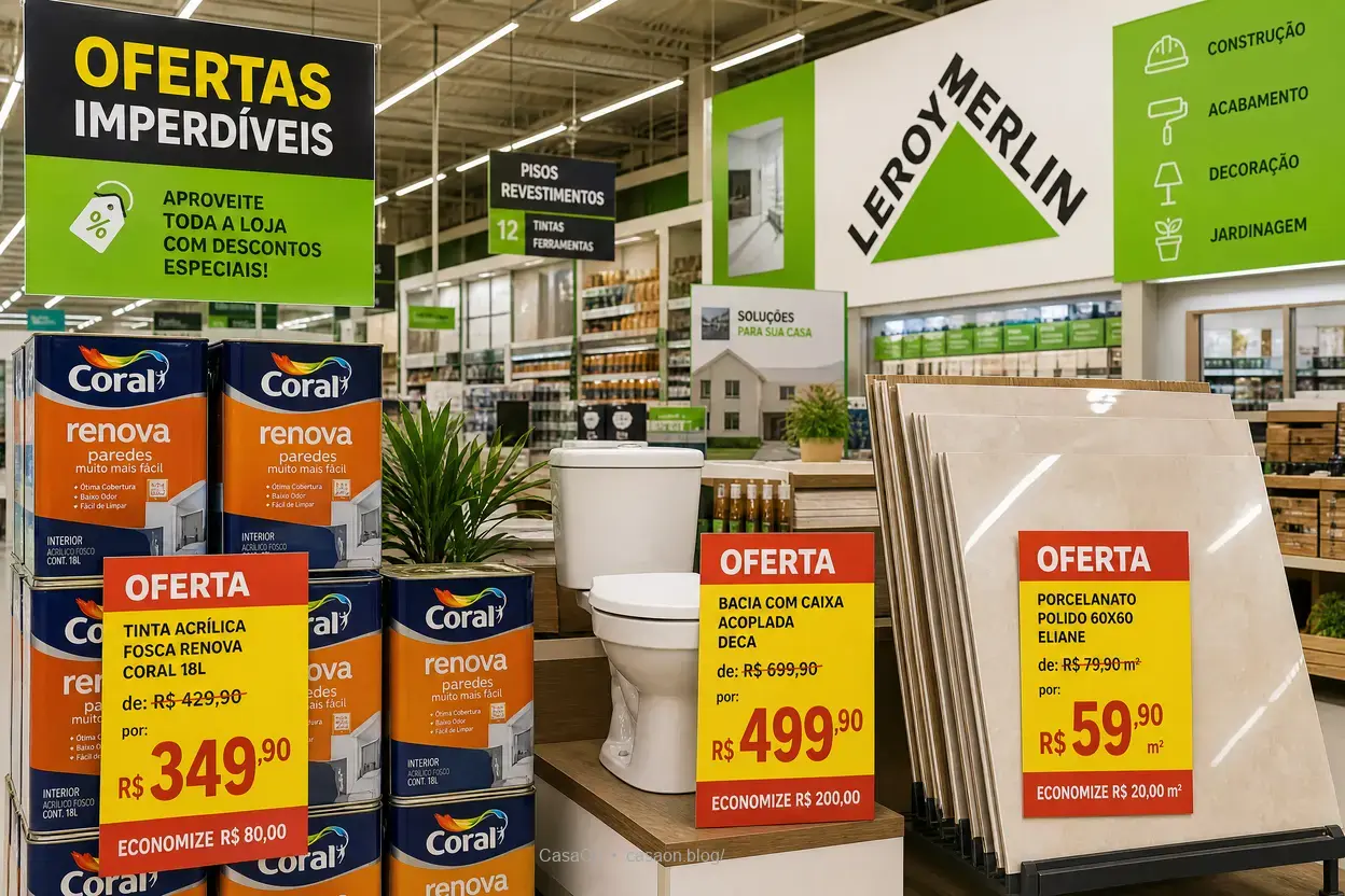 Ofertas Leroy Merlin com descontos visíveis.