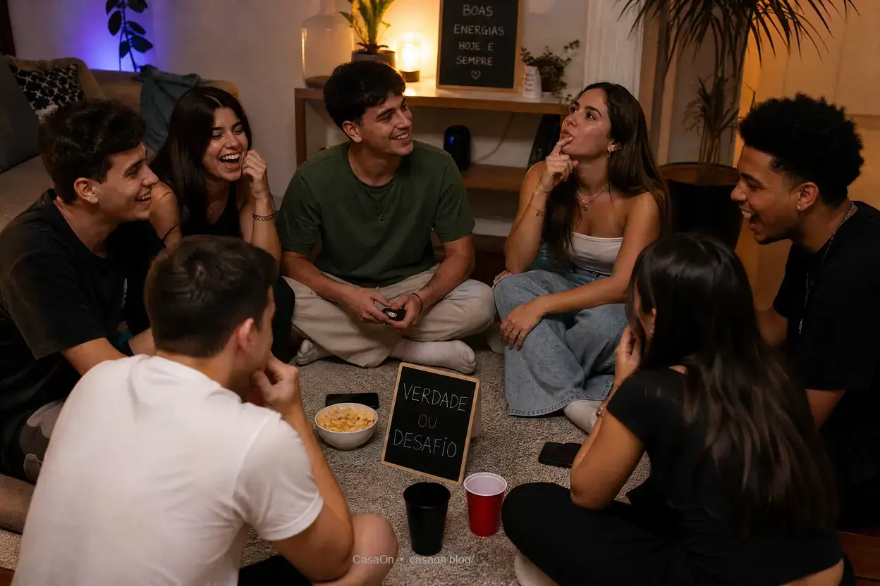 Grupo de amigos jogando verdade ou desafio com perguntas quentes.