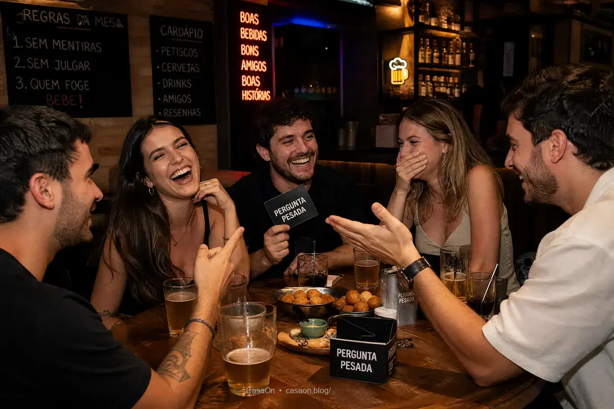 Amigos em um bar fazendo perguntas pesadas.