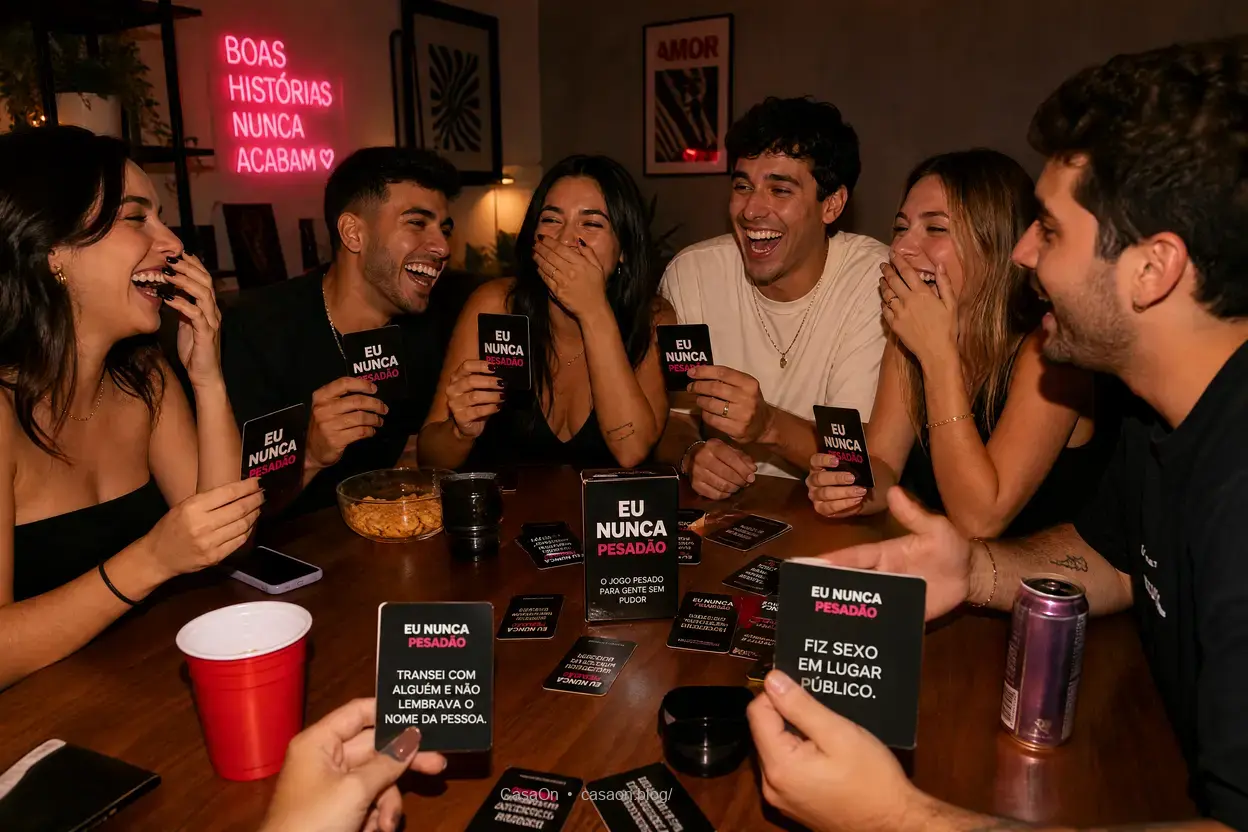 Grupo jogando perguntas para brincadeira Eu nunca pesadão.