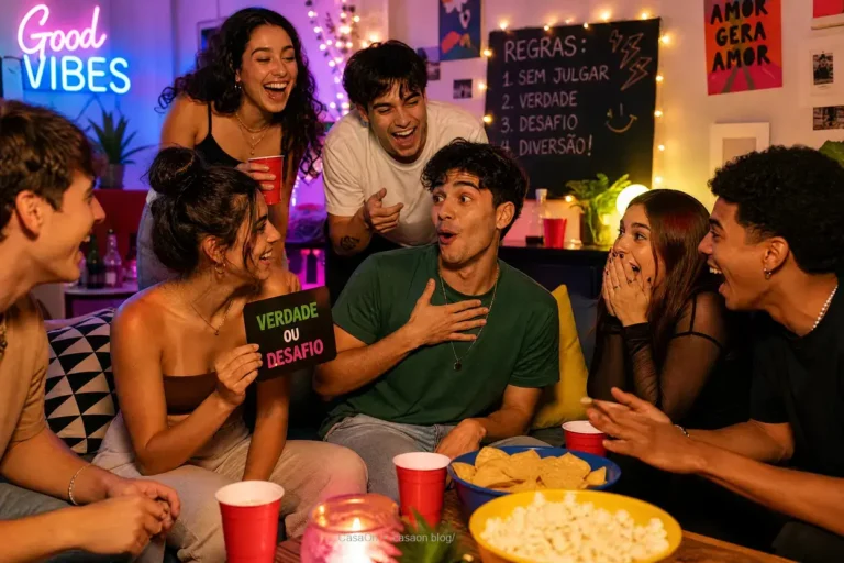 Amigos jogando verdade ou desafio em uma festa animada.