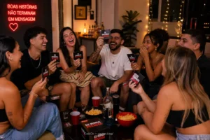 Amigos jogando perguntas para brincadeira em uma festa.