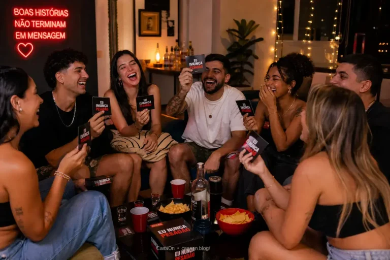 Amigos jogando perguntas para brincadeira em uma festa.